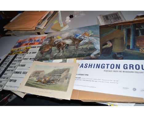 Horse racing interest, to include: an oil painting of a race, by G.M. Duff; four lithograph bookie posters - Derby and the Oa
