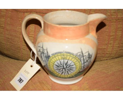A 19th Century Sunderland lustre jug, possibly by Scott, decorated in orange and black transfer, with the mariner's compass o