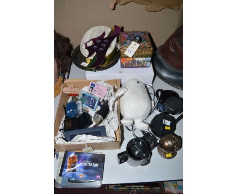 Doctor Who collectables, to include: Royal Mail stamps; playing cards; Dr Who driving licence; key rings; two mugs; a baby Ad