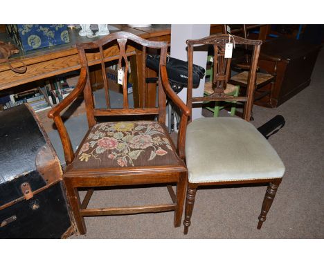 A George III elm open arm dining chair with woolwork tapestry seat: together with an early 20th Century stained wood occasion