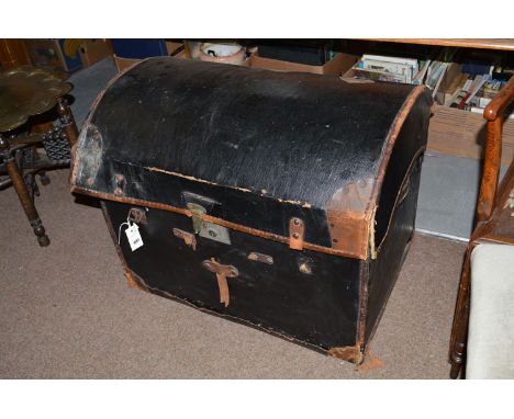 A wicker dome topped trunk with leather cloth cover, by Hewson & Hutchinson, Harrogate & York.