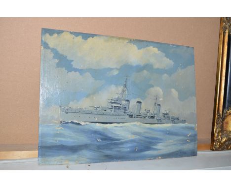 An oil painting, by A.J. Smart - portrait of a naval ship, signed, unframed.
