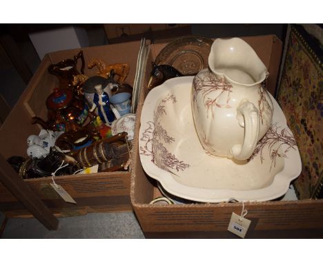 A Victorian Doulton Burslem "Mona" pattern toilet jug and basin; an "Asiatic Pheasant" meat plate, by E.W. & Co; copper lustr