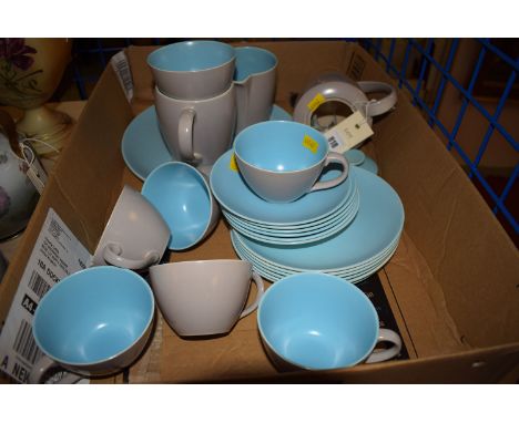 A Poole ceramic part afternoon tea set, six place settings, comprising: coffee pot, two cream jugs, sugar bowl, and a large p