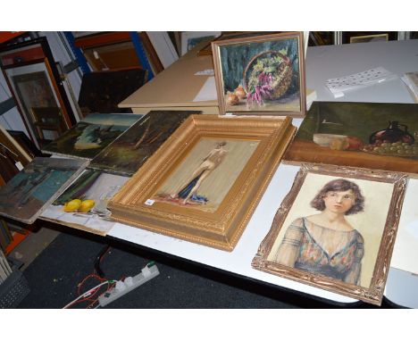 Two oil paintings by Mary Burrow: to include a nude study of a lady; portrait of a girl; together with sundry oil paintings o