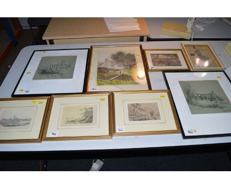 Three pencil drawings by R. Fawcett - landscapes with castle; lake scene; town scene; another pencil sketch by A. Gravell, si