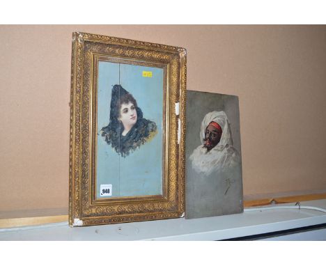Oil paintings to  include: a portrait of a Spanish lady in black mantilla, signed with initials L.M.; together with a study o