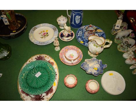 A collection of decorative 19th Century ceramics to include: a Parian ware wall plaque stamped 'Ernest'; a Rogers blue and wh