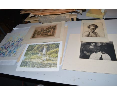 A collection of mostly original signed prints, to include: a portrait of a lady, by Tom Whitehead; "Bottle of Stout and Two W