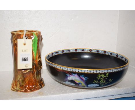 A Maling spill vase in the form of a tree trunk, trailing leaf design; together with a Cetem ware circular bowl, aquatic bird
