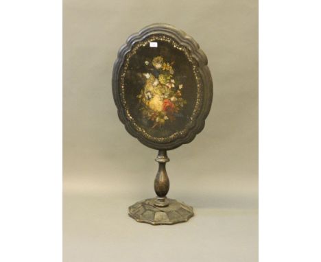 A Victorian papier-mâché shaped tilt top occasional table inset with Mother of Pearl and painted decoration, 26'' x 20'', 26'