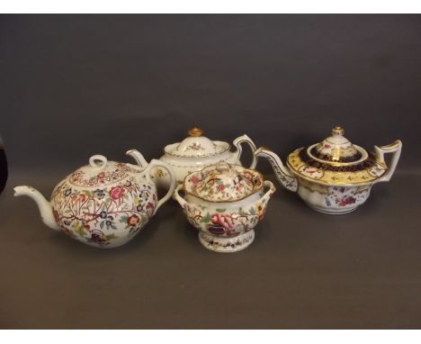 Three well coloured English teapots including Coalport, and a covered sucrier with painted foliate decoration, 6½'' high 