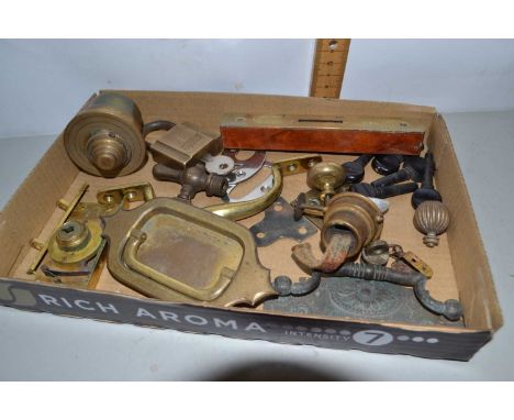 Box of various brass furniture handles, padlock, spirit level etc