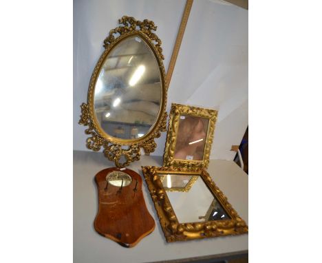 Mixed Lot: Two gilt framed mirrors, further gilt framed print and a small hardwood framed mirror (4)