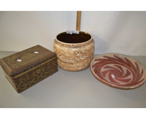 Mixed Lot: Bretby planter, further pottery bowl and a vintage tin containing a range of match boxes