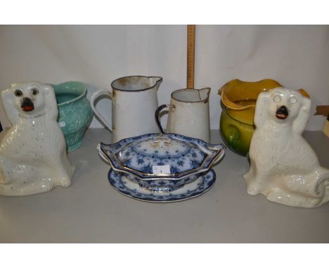 Mixed Lot: Two jardinieres, pair of Staffordshire dogs, enamel jugs etc