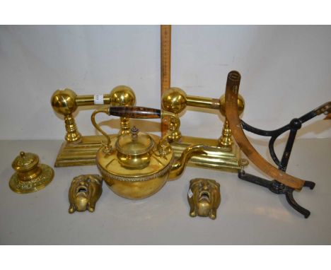 Mixed Lot: Brass fire dogs, brass kettle, vintage brass balance scales and other items