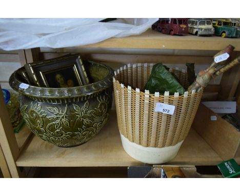 GREEN GLAZED JARDINIERE, SMALL FRAMED PRINT, ISLAMIC BRASS PIPE AND OTHER ITEMS