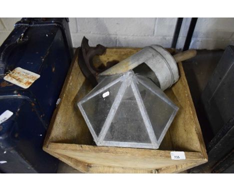 LEAD GLAZED TERRARIUM, A GALVANISED FEED SCOOP AND A WOODEN DOUGH TROUGH ETC
