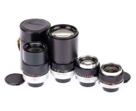A Selection of Topcon Kogaku 35mm Prime Lenses to include a f/4 200mm, barrel G, optics G, a UV Topcor f/4 135mm, barrel G, o