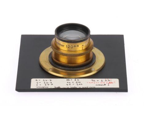 A Leitz-Wetzlar Summar 120mm Brass Camera Lens brass, no serial number, f/4.5 120mm, barrel G, iris works but slightly notchy