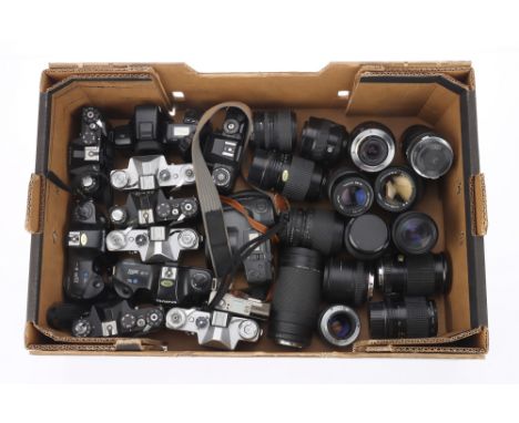 A Large Selection of 35mm Camera Bodies and Lenses, to include Zenit E, Zenit 11, other Zenit bodies, Olympus OM101 bodies, C