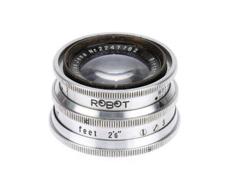 A Carl Zeiss Jena Biotar f/2 4cm Camera Lens for Robot chrome, serial 2247782, barrel F-G, optics F with haze and light fungu