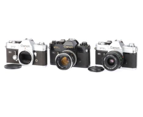 A Group of F-series Canon 35mm SLR Cameras, comprising a FTB, serial number 304547, silver, body G, minor wear marks to base,