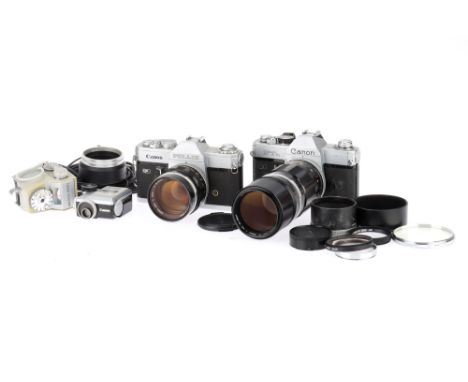 A Pair of Canon 35mm SLR Cameras to include a FTb, silver, body G, shutter works, fitted with a f/3.5 200mm FL lens, barrel G
