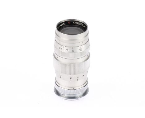 An Arco Tele-Colinar f/3.8 13.5cm Lens matt chrome, screw mount, serial 28551, barrel G, focus ring stiff, optics F, light du