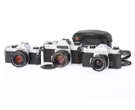A Selection of 35mm SLR Cameras to include a Pentax MX, silver, body F-G, shutter cocks but does not complete the cycle, mete