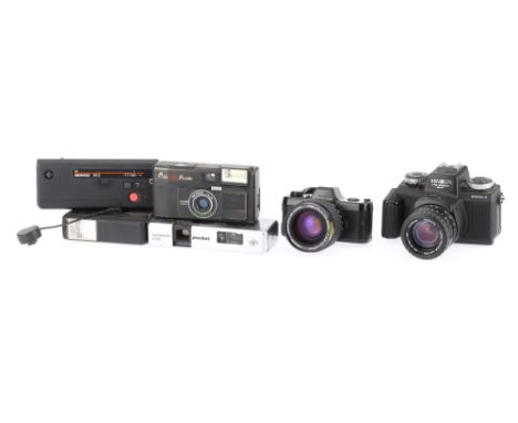 A Selection of 110 Film Cameras to include a Pentax Auto 110, with f/2.8 20-40mm lens, body G, optics F, untested, a Minolta 