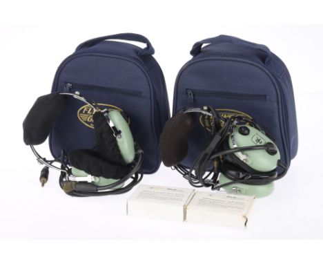 A Pair of David Clark Aviation Headsets, model H10 13.4, olive green, headphone bodies G, microphone shield worn, cables appe
