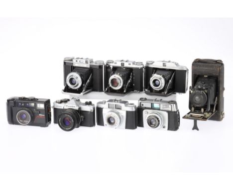 A Tray of Various Film Cameras eight cameras; comprising an Agfa Silette Type 4 35mm camera, an Agilux Agifold folding camera