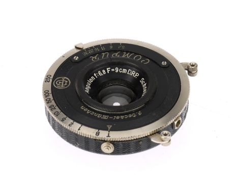 A Schneider-Kreuznach Super-Angulon f/6.8 9cm Lens, black, serial 889866, barrel G, optics G with light dust, in a Decker Com