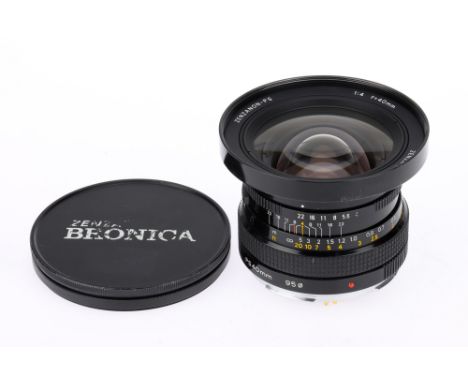 A Zenzanon PS f/4 40mm Wide Angle Lens, black, serial number 4401051, Bronica mount, barrel F-G, some scratching near the fro