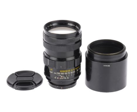 A Nippon Kogaku Nikkor-H f/2.5 18cm Camera Lens black, serial 473956, barrel G, some light paint wear, optics F, light dust a