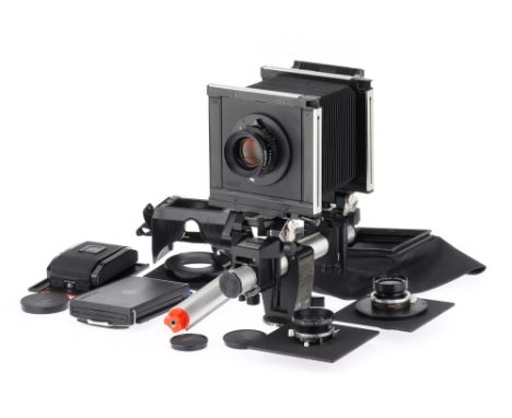 A Sinar F Monorail Camera Outfit, comprising a Sinar F, black, body G, bellows G, not light tested, with a Sinaron S f/5.6 21