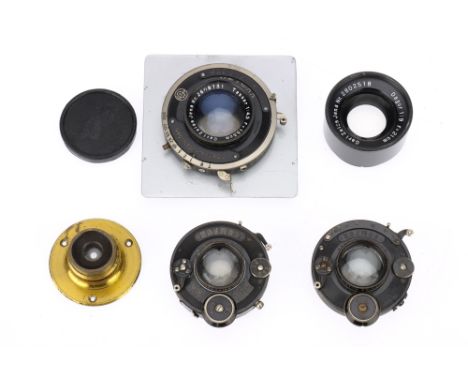 A Selection of Carl Zeiss Jena Lenses, comprising a brass Anastigmat f/4.5 50mm, barrel F, optics P-F, a Dagor f/9 21cm, blac