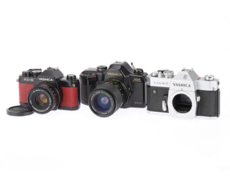 A Small Selection of Yashica 35mm SLR Cameras to include an FX-3 with maroon leatherette and Yashica ML f/2 50mm lens, body G