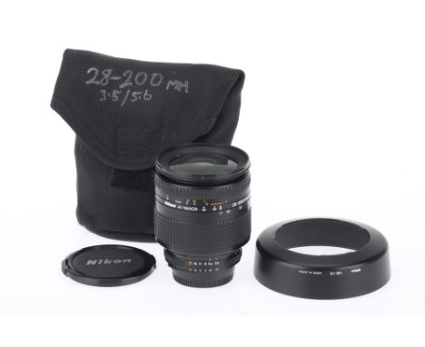 A Nikon AF Nikkor f/3.5-5.6 28-200 Zoom Lens, black, serial number 405762, barrel VG, optics G, light internal haze, with hoo