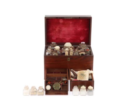 A 19th Century Domestic Medicine Chest, English, mahogany trunk-type chest with brass fittings, velvet lining to the interior