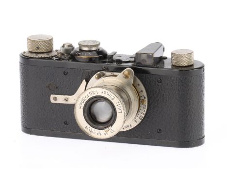 A Leitz Wetzlar Leica I Model A Close Focusing 35mm Camera black, 1929, serial no.16778, with a Leitz Elmar f/3.5 50mm collap