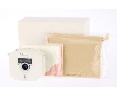 An Olympus Ecru 35mm Compact Camera, in Maker's Box powers up and takes a picture when battery inserted, body E, in maker's b