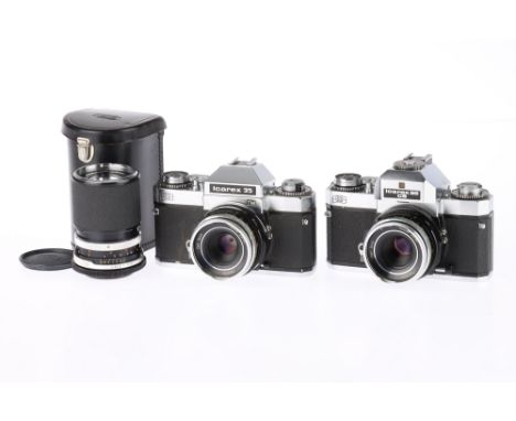 A pair of Zeiss Ikon Icarex 35 SLR Cameras Icarex 35 CS with metered head, appears responsive, VG, shutter working, optics ha
