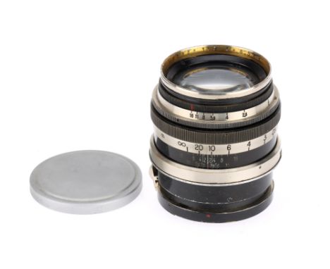 A Carl Zeiss Jena Sonnar f/2 8.5cm Camera Lens black, serial 1493060, barrel F with wear to paint, some marks to the front ri