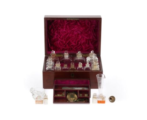 Victorian Domestic Medicine Chest, English, mahogany trunk-type chest with brass fittings, velvet lining to the interior, ruc