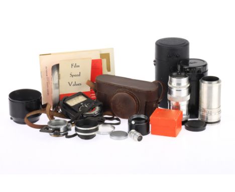 A Small Group of Lenses and Photographica, to include a Krasnogorsk Jupiter-11 f/4 135mm lens, barrel VG, optics G, with caps
