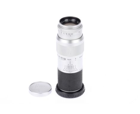 A Leitz Wetzlar Hektor f/4.5 135mm Camera Lens, black/chrome, serial number 1608743, barrel G, optics G, with maker's caps.