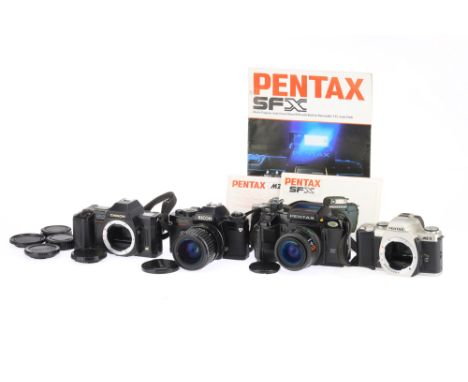 A Selection of K-mount 35mm Film Cameras, comprising a Pentax SFX, black, works with battery inserted, AF works, metering see